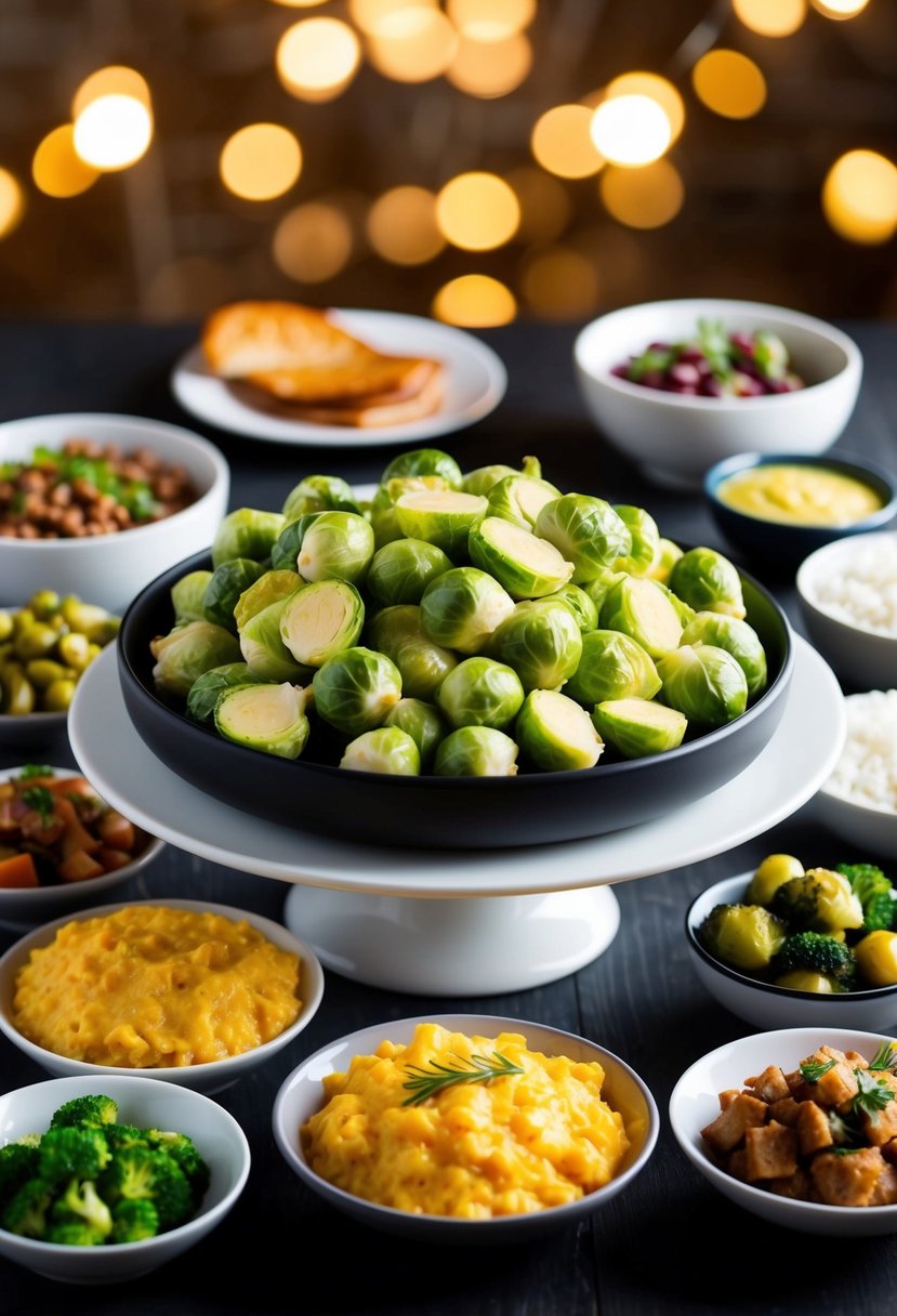 A platter of creamed Brussels sprouts surrounded by 20 different side dishes for ham